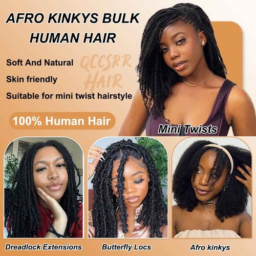Afro Kinkys Bulk Human Hair 12 Inch 50g/Pack - Afro Kinky-Curly Human Hair Bulk For Mini Twist, Dreadlocks Extensions, Locs Repair & Braiding, 100% Human Hair 99J Burgundy