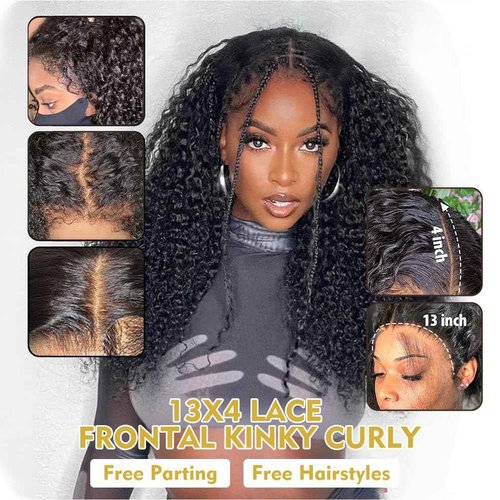 13x4 Lace Frontal Closure Kinky Curly Ear to Ear HD Lace Frontal Pre Plucked with Baby Hair 16 Inch Free Part Brazilian Human Hair Extensions 150% Density Natural Black