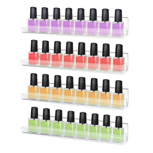 ROYALITA 4-Pack Acrylic Shelves - Nail Polish Organizer Wall Mounted Shelves, Nail Polish Rack with Removable Anti-Slip End Inserts, Nail Polish Holder for Bottles Nail Polish Display & Storage Shelf