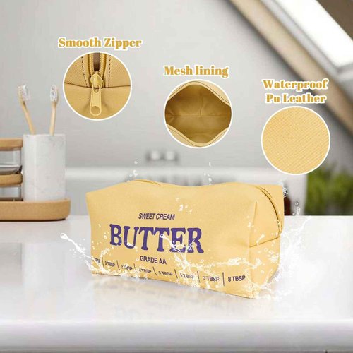 dadop Yellow Cute Makeup Bag Travel Cosmetic Bags, Funny Butter Toiletry Bags Make Up Unique Pouch Bag Leather With Zipper For Girls Boys Women Butter Lover prank Gifts