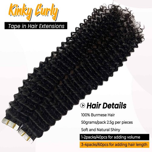 Curly Tape ins 20 pcs Kinky Curly Tape in Hair Extensions Human Hair Natrual Black for Women 18 Inch 50G