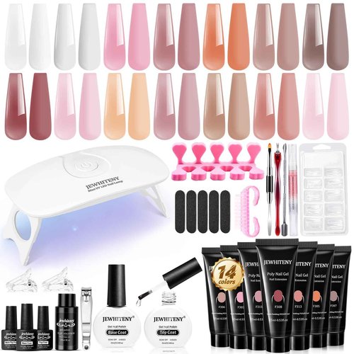 JEWHITENY Poly Gel Nail Kit With U V Lamp And 2 Bottle of 10ML Top Coat Base Coat Set Poly Gel Nail Art Extension Tools Nail Art Design Beginner Kit