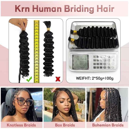 KRN Human Braiding Hair for Boho Braids, 100g/Pack (2 Bundles) Deep Wave Bulk Human Hair for Braiding 12A Grade Brazilian Virgin Hair Boho Hair for Braiding No Weft Bundles Curly Braiding Hair 18Inch