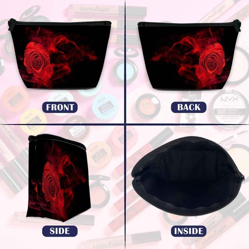 DEMACYA Makeup Bag for Purse, Waterproof Funny Abstract Red Rose Cosmetic Bag for Women, Zipper Travel Toiletry Pouch with Black Leaves Gift 9.5×5.9 Inch