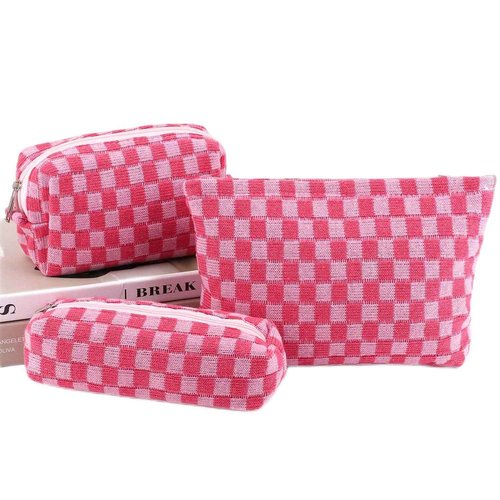 EIMMBD Makeup Bag 3 Pieces Large Capacity Checkered Cosmetic Bags Canvas Travel Toiletry Bag Organizer Cute Makeup Pouch Storage for Women(Rose)