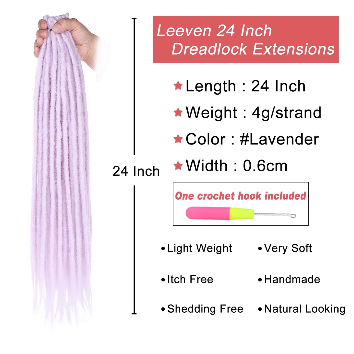 Leeven Lavender Synthetic Dreadlock Extensions 24 Inch 40 Strands Single Ended Light Purple Thin Crochet Dreads Handmade Reggae Style Soft Loc Extensions for Women Men