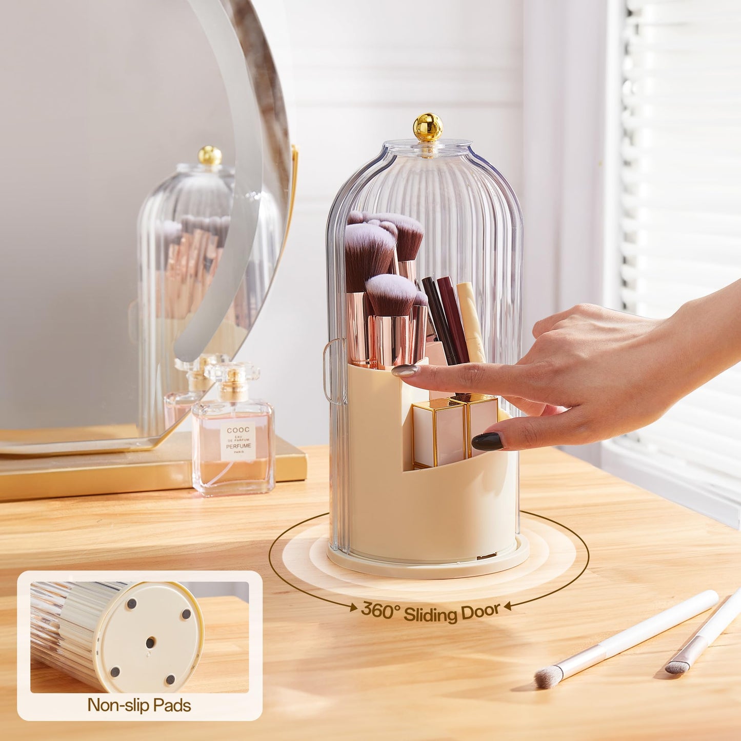 Makeup Brush Holder Organizer with Lid, Waterproof 360°Rotating Cosmetic Make Up brush Storage for Vanity, Gifts, Women