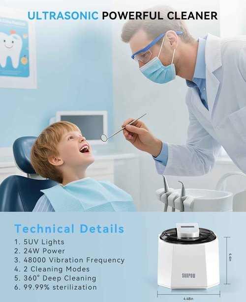 SUNPOW Ultrasonic Retainer Cleaner - 48kHz Retainer Cleaner Machine with 5 UV Lights for Dentures，Night Guards, Mouth Guards- 220ML Dental Cleaning Pod Upgrade Design