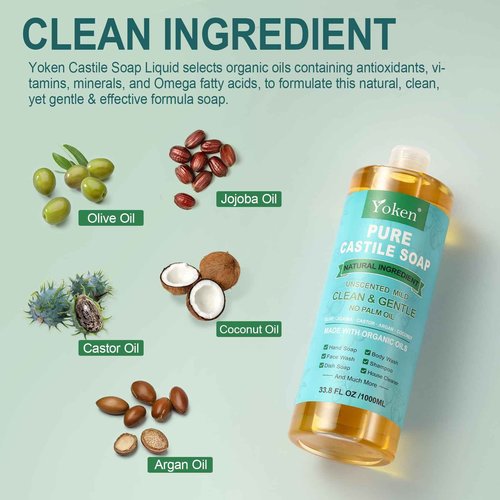 Yoken Pure Castile Soap Liquid Unscented 67 fl oz Castile Liquid Soap Made With Organic Oil, Clean & Gentle, No Palm Oil, Vegan, Natural Castille soaps for Face Body Hand Wash, Dishes Multi-purpose