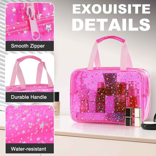 UUYUUY PVC Clear Makeup Bag for Women Waterproof Star Make Up Bag Toiletry Bag Travel Durable Cosmetic Bag Large Cute Tote Bag Organizer Makeup Pouch, Pink