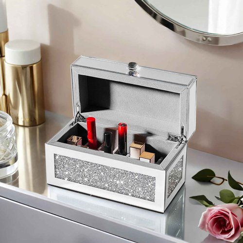 joyshiny 21-Slot Mirrored Lipstick Organizer, Rollerball Perfume Glass Storage box with Lid,Lip Gloss Storage for Vanity, Crushed Diamond Home Decor, 9.2''x 4.5'' x 5.15''