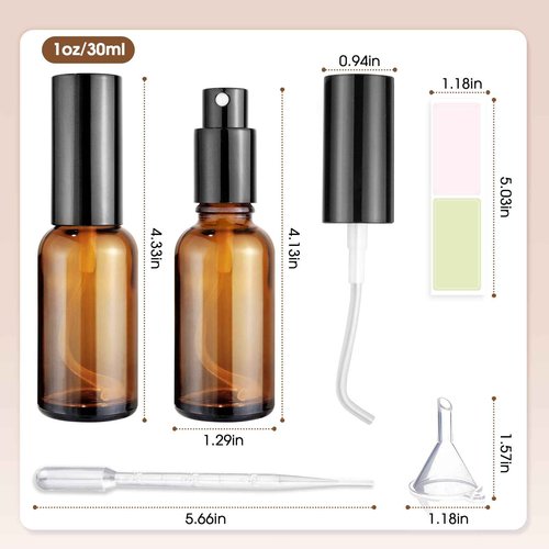 4-Pack 1oz/30ml Amber Glass Spray Bottles for Fine Mist | with 2 Extra Nozzles, Refillable Essential Oil, Toner, Hair Care & Cleaning Solutions Bottles Set | Leak-Proof, UV Protection