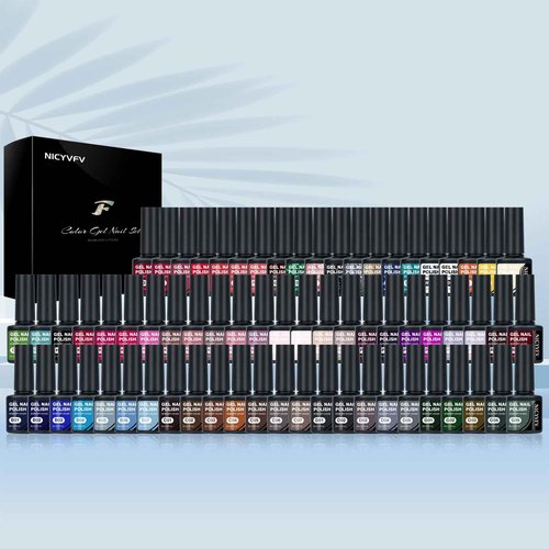 NICYVFV 60 PCS Gel Nail Set, 54 Colors Gel Polish Set Classic Shades, with Gold Silver Glitter and Glossy Matte Top Coat, Base Coat Builder gel, for Women Gift Kit