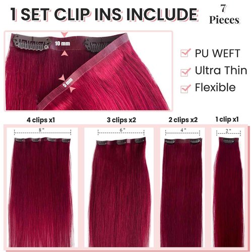 Hair Extensions Burgundy Clip in Hair Extension Real Human Hair Clip on Hair Extensions for Women 16 Inch 100G 7 Pcs