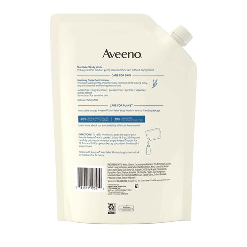 Aveeno Skin Relief Fragrance-Free Body Wash Refill with Oat to Soothe Itchy, Dry Skin, Gentle, Formulated without Soaps, Dyes, Parabens, Phthalates & Alcohol, for Sensitive Skin, 36 fl. oz (Pack of 2)