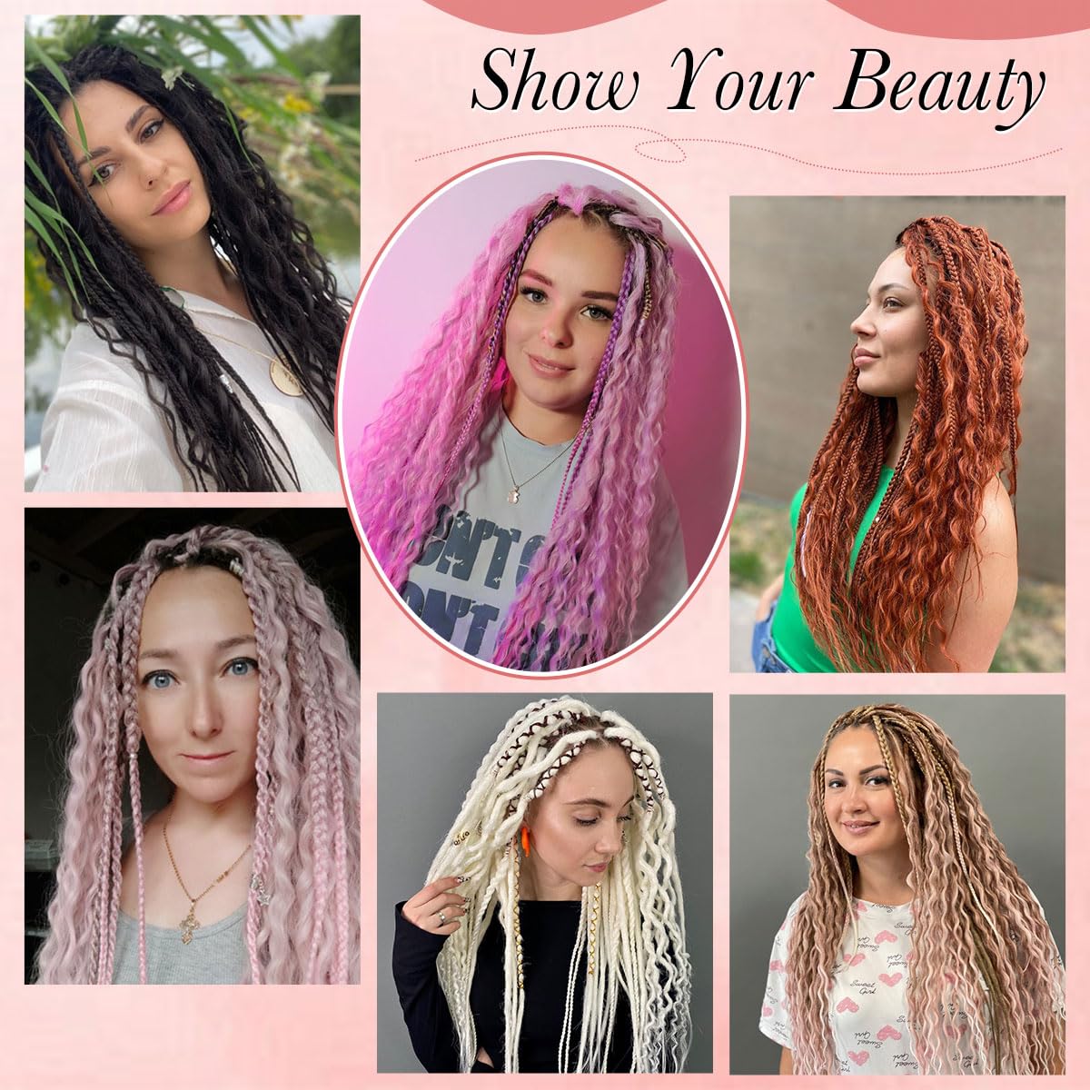 Quiduis 30 Inch 30 Strands SE Dreadlock Extensions Full Sets,3 In 1 Mixed Synthetic Dreads Extensions,Rose Pink Curly&Straight&Boho Single Ended Dreads Extensions Hippie Style Dreadlock for Women