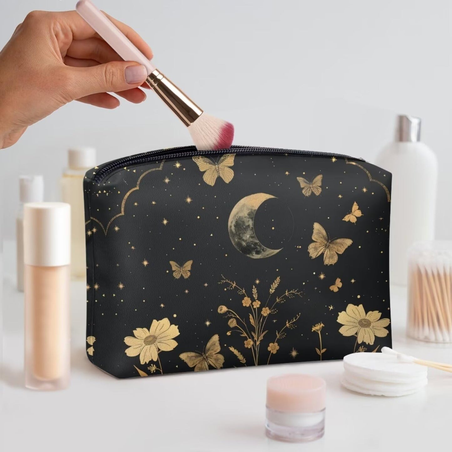 ELEDIZI Goth Moon Star Butterfly Makeup Bag for Purse Toiletry Bag for Women Aesthetic Womens Cosmetic Bag Travel Waterproof Skincare Bag with Zipper Travel Accessories for Women Carry On