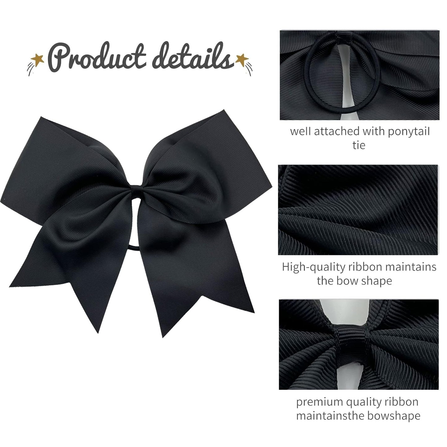 30PCS 8" Large Cheer Bows Hair Bows Ponytail Holder Handmade for Girls Teens Softball Cheerleader Sports (Black)