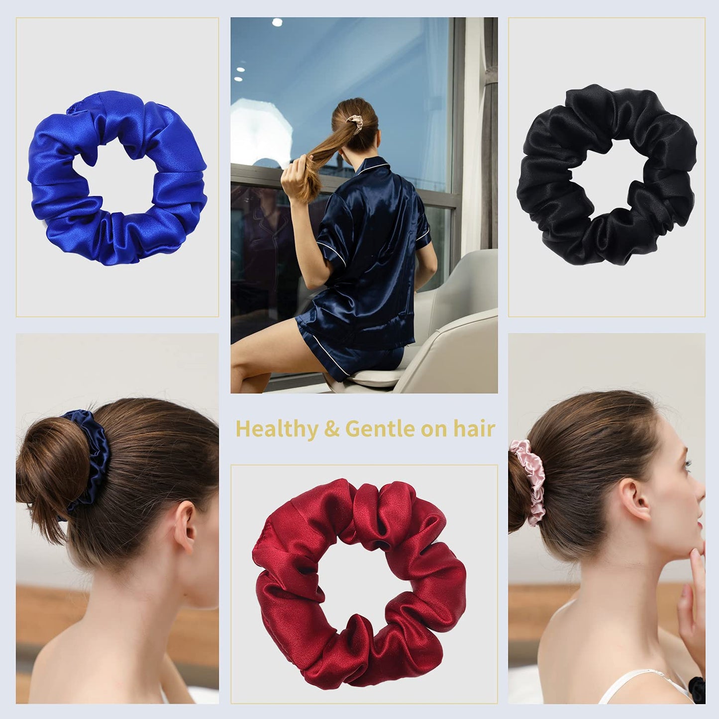 ZIMASILK 100% Mulberry Silk Hair Scrunchies, Best For Women And Girls’Hair 19 Momme Elastic Hair Bands for Ponytail Holder Gentle And No hurt (3 Pack, Burgundy, Black, Royal Blue)