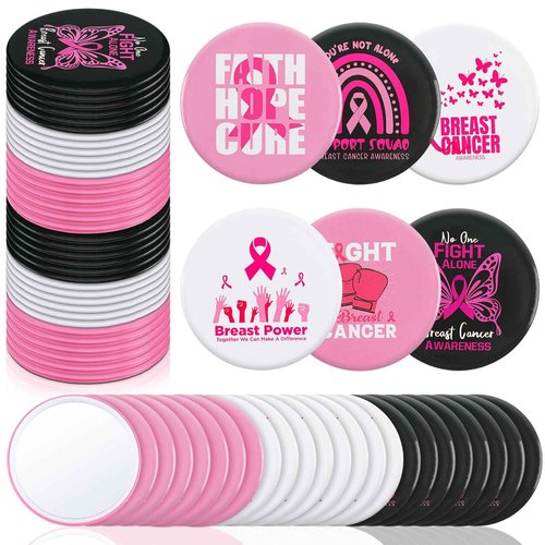 Soaoo 60 Pcs Breast Cancer Awareness Gifts for Women Pink Ribbon Pocket Mirror Bulk Round Portable Compact Mirror 2.68 Inch Makeup Mini Mirror Breast Cancer Awareness Accessories for Women