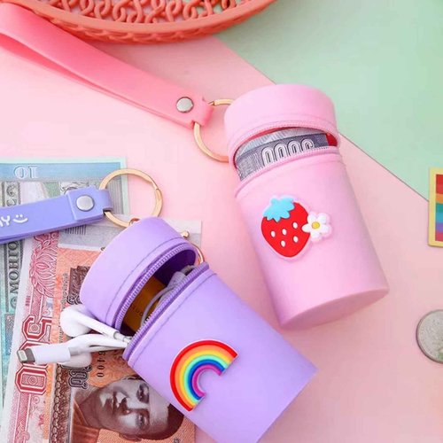 CECKQUE Cute Mini Silicone Coin Pouch Keychain, Coin Purse, Portable Lip Gloss Pouch Bag, Lipstick Case, Chapstick Carrier Bag (Pink/Purple)