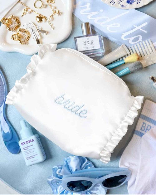 xo, Fetti White Satin Bride Cosmetic Bag | Bachelorette Party Decorations, Bride To Be Purse, Bridal Shower Accessory, GRWM Makeup Bag
