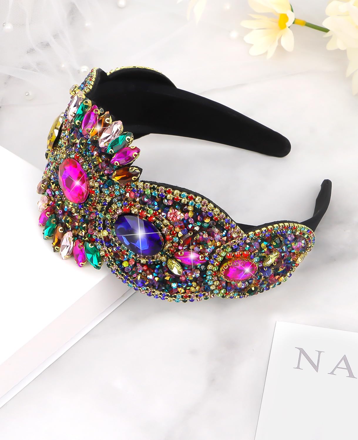 Wecoe Rhinestone Headband Women Girls 3.15 Inch Wide Multi-color Headband Fancy Sparkly Bling Diamond Beaded Jeweled Headband Fashion Non Slip Valentine's Day Hair Accessories For Women Girls Gifts