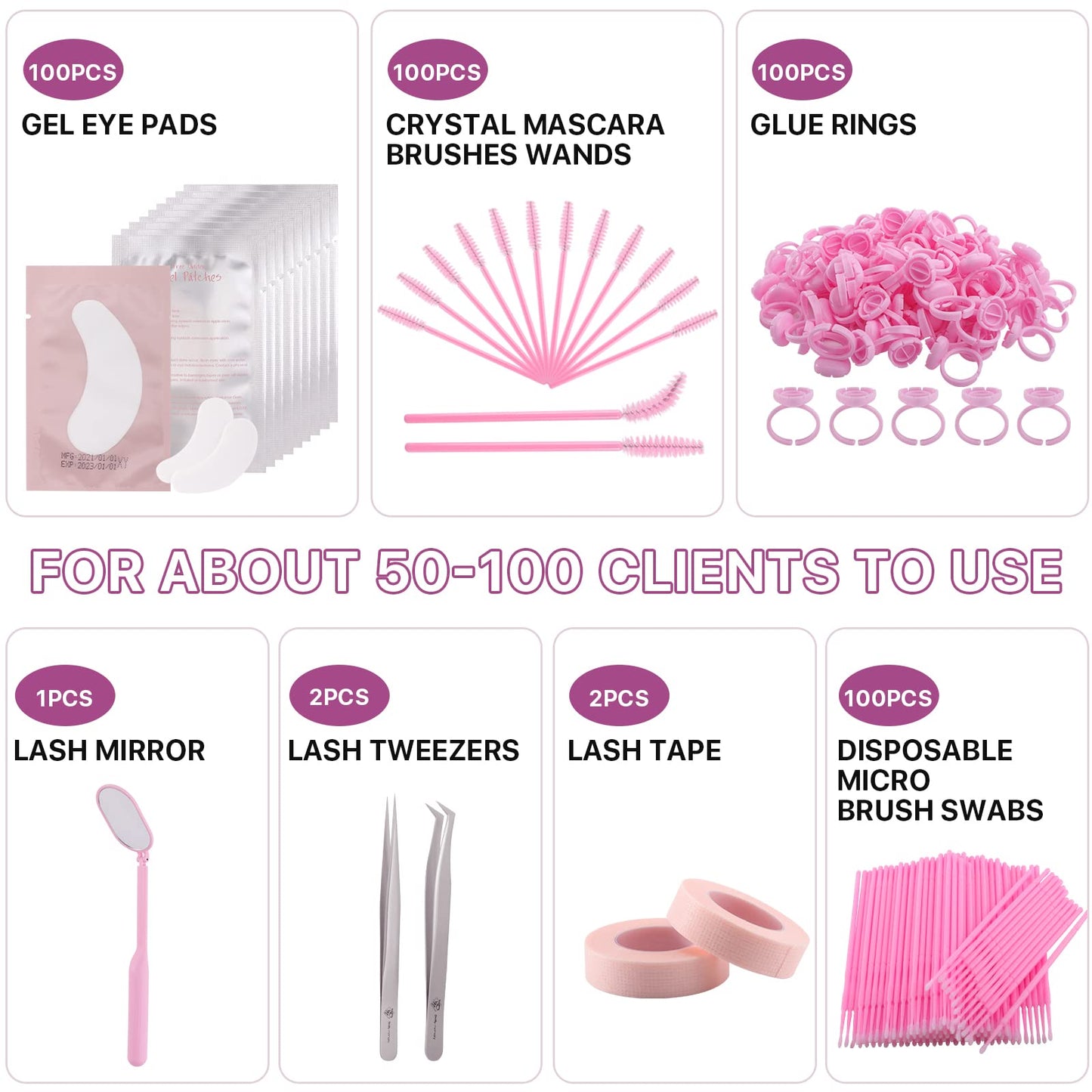 Pretty memory Eyelash Extension Kit,100 Glue Ring Holder | 100 Disposable Mascara Brushes Wands | 100 Pairs Under Eye Gel Pads | 2 Medical Tapes | 2 Tweezers| 1 Lash Mirror - Lash Extension Supplies