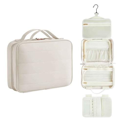 belaven Toiletry Bag, Travel Bag for Women & Men, Portable Cosmetic Bag with Hanging Hook, Durable, Waterproof for Shampoo, Makeup, Essentials, Toiletries Acessories (Beige)