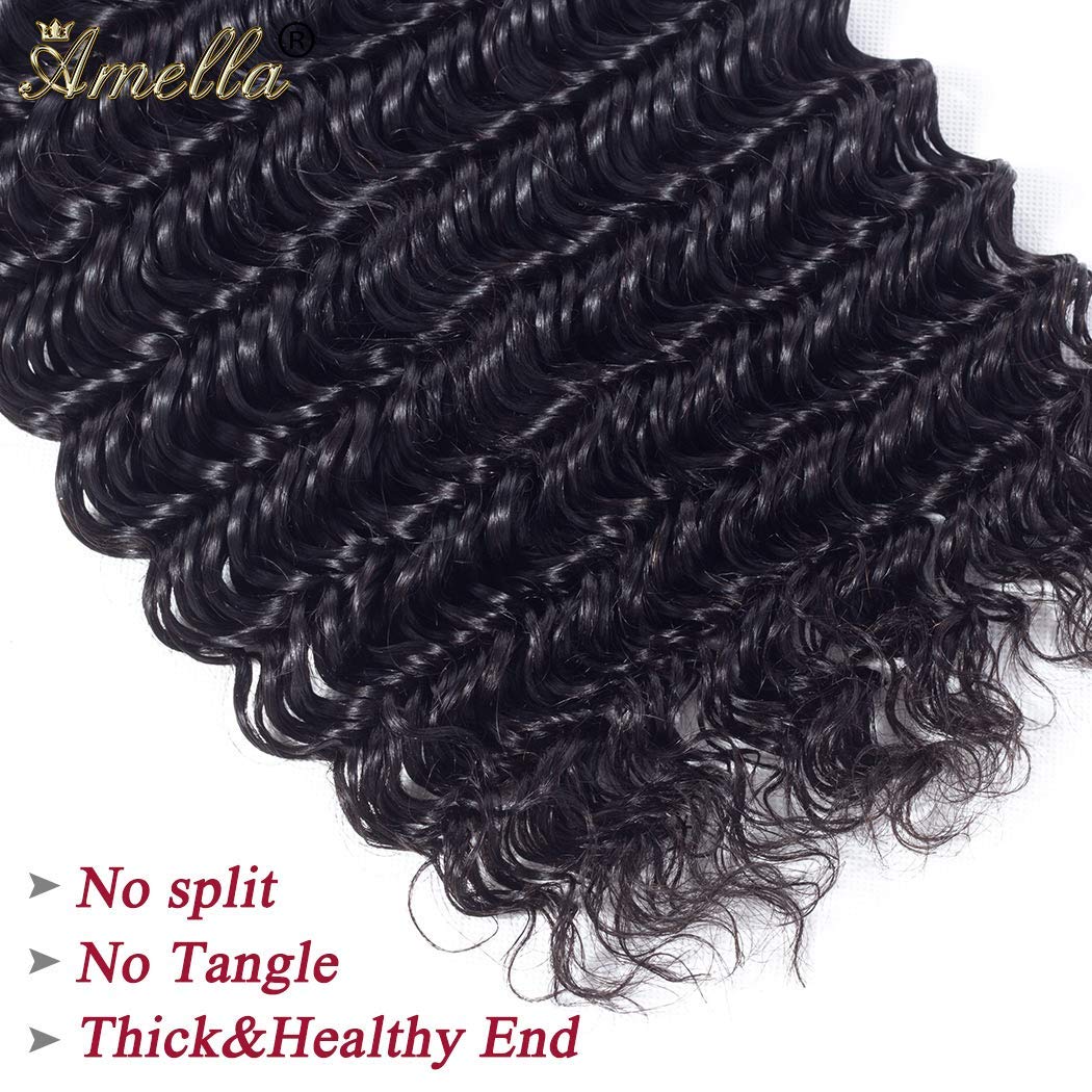 Amella Hair 8A Grade Brazilian Hair Deep Wave Virgin Human Hair Extensions Brazilian Deep Wave Hair Weave 3 Bundles Unprocessed Natural Black Color 12 14 16inch