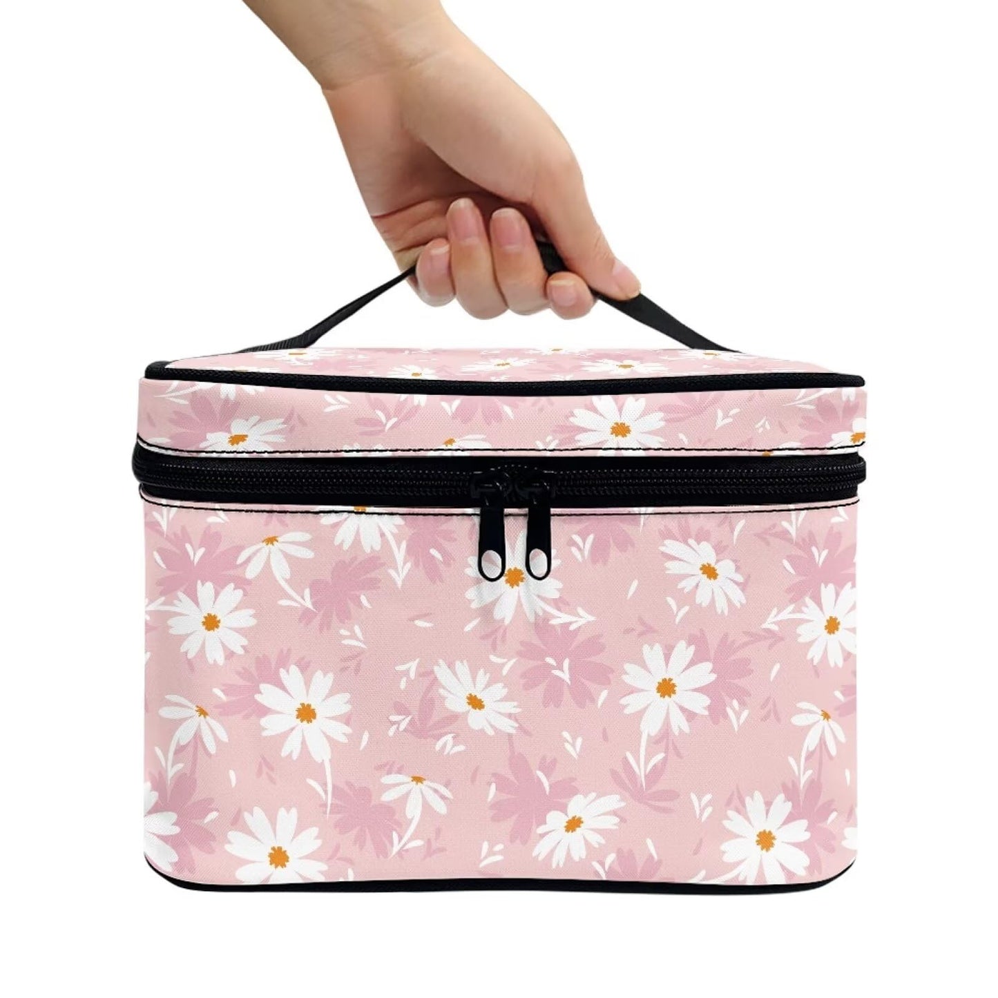 ELEDIZI Cute Pink Floral Makeup Bag Aesthetic Cosmetic Bags for Women Travel Toiletry Bag with Brush Holder Large Capacity Skincare Bag Portable Cosmetic Organizer Case Nice Gifts for Teenage Girls