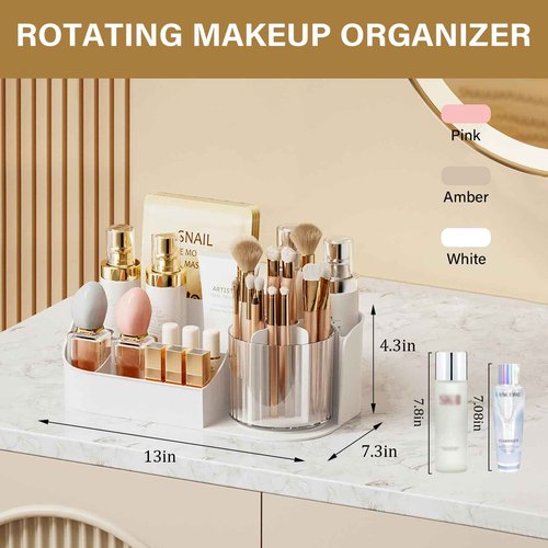 NATURE'S SOURCE Rotating Makeup Organizer Countertop for Vanity with Makeup Brush Holder, Large Capacity, Grid Design, 360° Rotatable Skincare Organizer Perfume Tray for Dresser, Bathroom (White, 1T)