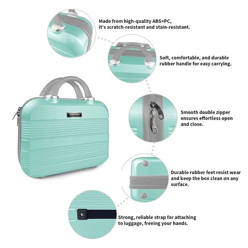 14" Portable Hard Shell Makeup Travel Case - Stylish PC+ABS Cosmetic Organizer for Women - Scratch-Resistant, Elastic Strap, Mini Suitcase - Perfect for Romantic Gifts（Opal Green）