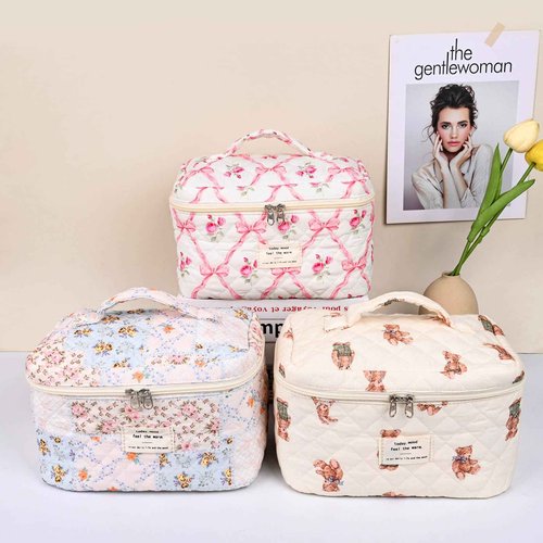SXS LACONIC Quilted Makeup Bag,Large Cosmetics Bag Set,Cotton Coquette Floral Make up Pouch,Travel Toiletry Bag for Women