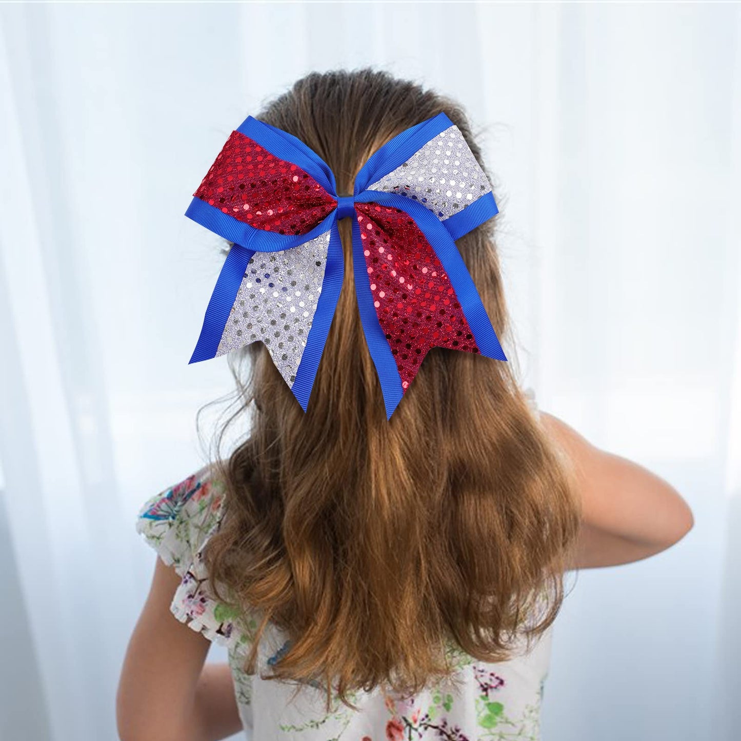 12pcs 8" American Flag Cheer Bows for Girls, Oaoleer 4th of July Cheerleading Hair Bow Independence Day Hair Accessories for Teens Women Girls