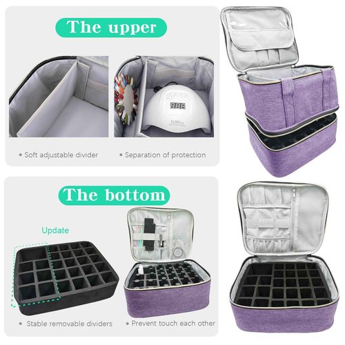 VVWAYSE Nail Polish Organizer and Nail Lamp Case, Nail Kit Organizer Holds 30 Bottles and Nail Lamp, Updated-slots, Weight Capacity with Handle, Heart Shaped Two-way Zipper (Purple)