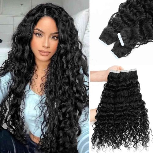 Curly Tape in Hair Extensions,14inch Natural Black Water Wave Real Human Hair Tape in Extensions 20pcs 50g Black Wavy Tape on Hair Extensions for Black Women