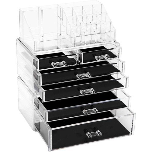 Sea Team 3-Layer Stackable Clear Makeup Organizer with Drawers, Acrylic Plastic Cosmetic Display Case, Jewelry Storage Box for Dresser, Bathroom, Vanity, Countertop (6 Drawers, 1 Lipstick Holder)