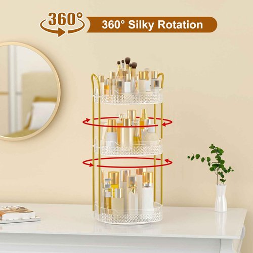 BOCONY Rotating Makeup Organizer for Vanity 3 Tier, Perfume Organizer with Makeup Brush Holder, Large Capacity Cosmetics Clear Skincare Organizer for Countertop (Transparent)