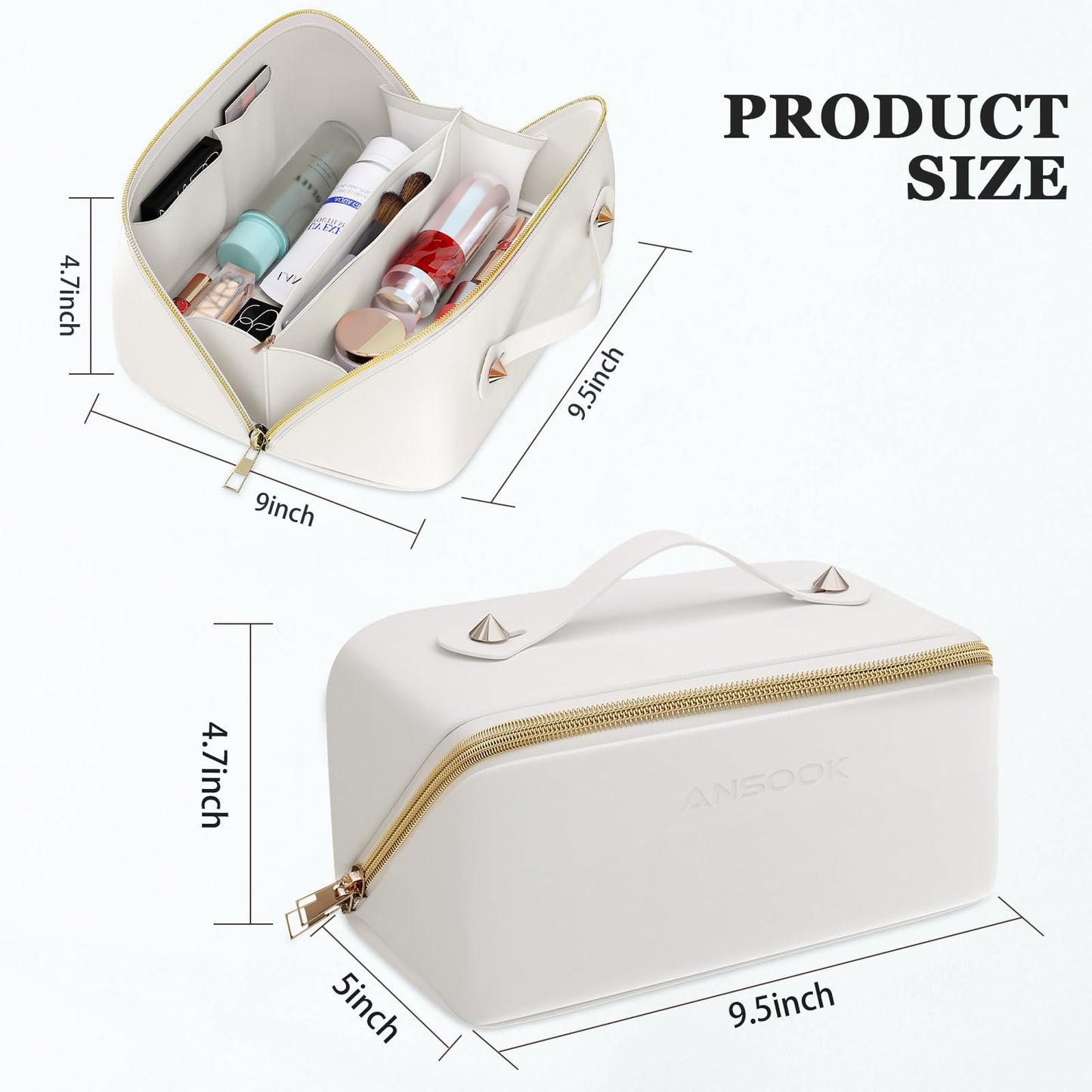 Ansook Makeup Bag, Travel Toiletry Bag for Women, Large Capacity Travel Makeup Organizer, Waterproof Hanging Cosmetic Bag (WHITE)