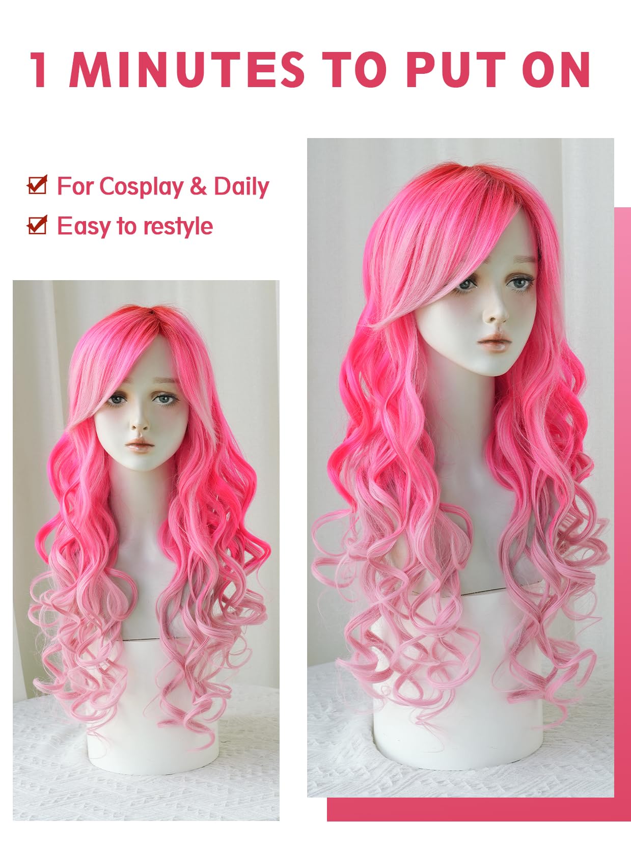 7JHH WIGS Long Wavy Costume Wigs Cosplay Mermaid Light Pink Ombre Wig for Women Halloween Party Used High Temperature Heat Resistant Fiber Natural Hairline Cos Wig…