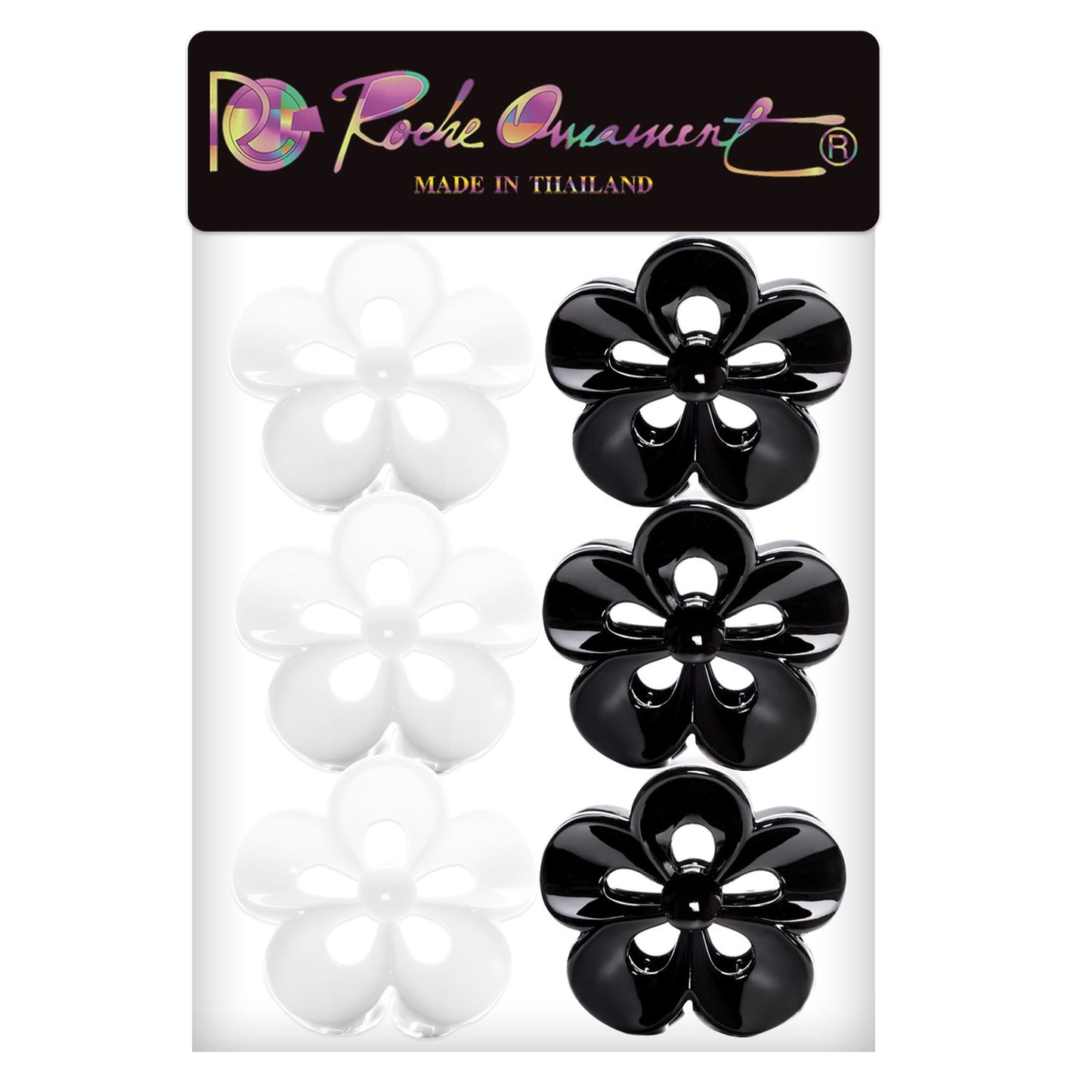 RC ROCHE ORNAMENT 6 Pcs Womens Hair Claw Jaw Clip Flower Floral Cute Pretty Girls Ladies Interlocking Teeth Strong Secure Hold No Slip Grip Clutch Clamp Beauty, Medium Black and White