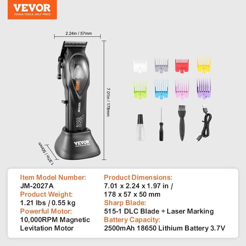 VEVOR Hair Clipper for Men with Magnetic Motor 10000RPM, Cordless Barber Clipper with DLC Fade Blade, Men's Hair Cutting Grooming Kit with 8 Guide Combs for Home Barber, Ideal Gift for Man