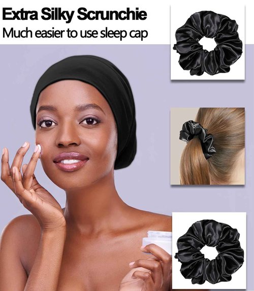 Sleep Cap Bonnet for Sleeping Black Women, Adjustable Cooling Ice Silk Lined Bonnet for Curly Braids Hair Cover Stay on All Night Cap Beanie Hat Black