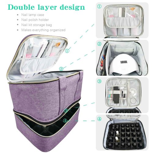 VVWAYSE Nail Polish Organizer and Nail Lamp Case, Nail Kit Organizer Holds 30 Bottles and Nail Lamp, Updated-slots, Weight Capacity with Handle, Heart Shaped Two-way Zipper (Purple)
