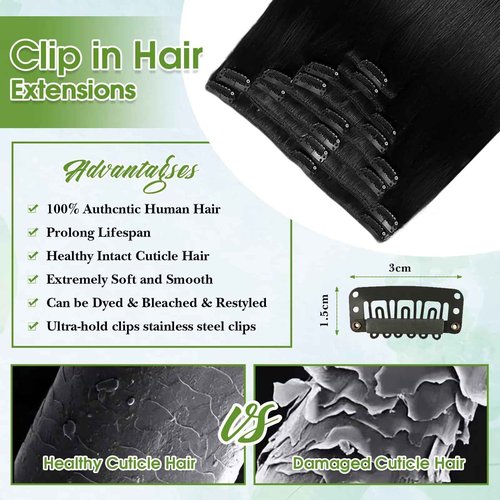 Jet Black Clip in Hair Extensions Real Human Hair 14inch Human Hair Clip in Extensions Black Human Hair Extensions Clip ins 100% Brazilian Remy Human Hair for Women Straight 8pcs Double Weft