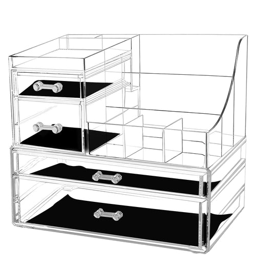 Makeup Storage Organizer for Vanity, Stackable Cosmetics Display Case with 4 Storage Drawers for Countertop, Bathroom, Dresser, Mothers Day Gifts. Clear