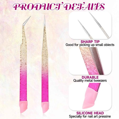 2 Pcs Double Ended Nail Art Tweezers with Silicone Pressing Head - Straight & Curved Tip Stainless Steel Tweezers for Eyelash Extensions & Nail Art Stickers
