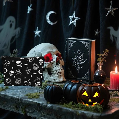 Franala Halloween Makeup Bag Gothic Skull Cat, Large Capacity Portable Toiletries with Lined, Goth Zipped Cosmetic Bag Pouch for Women, Travel Shopping Accessories Birthday Gifts