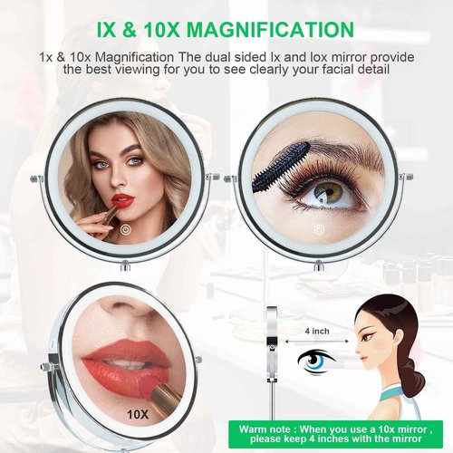 Aoglenic Makeup Mirror with Light, 8 inch Rechargeable 1X 10X Magnifying Mirror, Lighted Vanity Mirror with Magnification, Double Sided 360° Rotation, 3 Colors and Brightness Adjustable